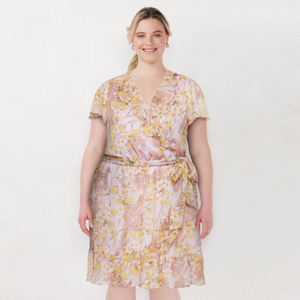 Lauren‎ Conrad Ruffle Neck Flutter Sleeve Faux Wrap Dress